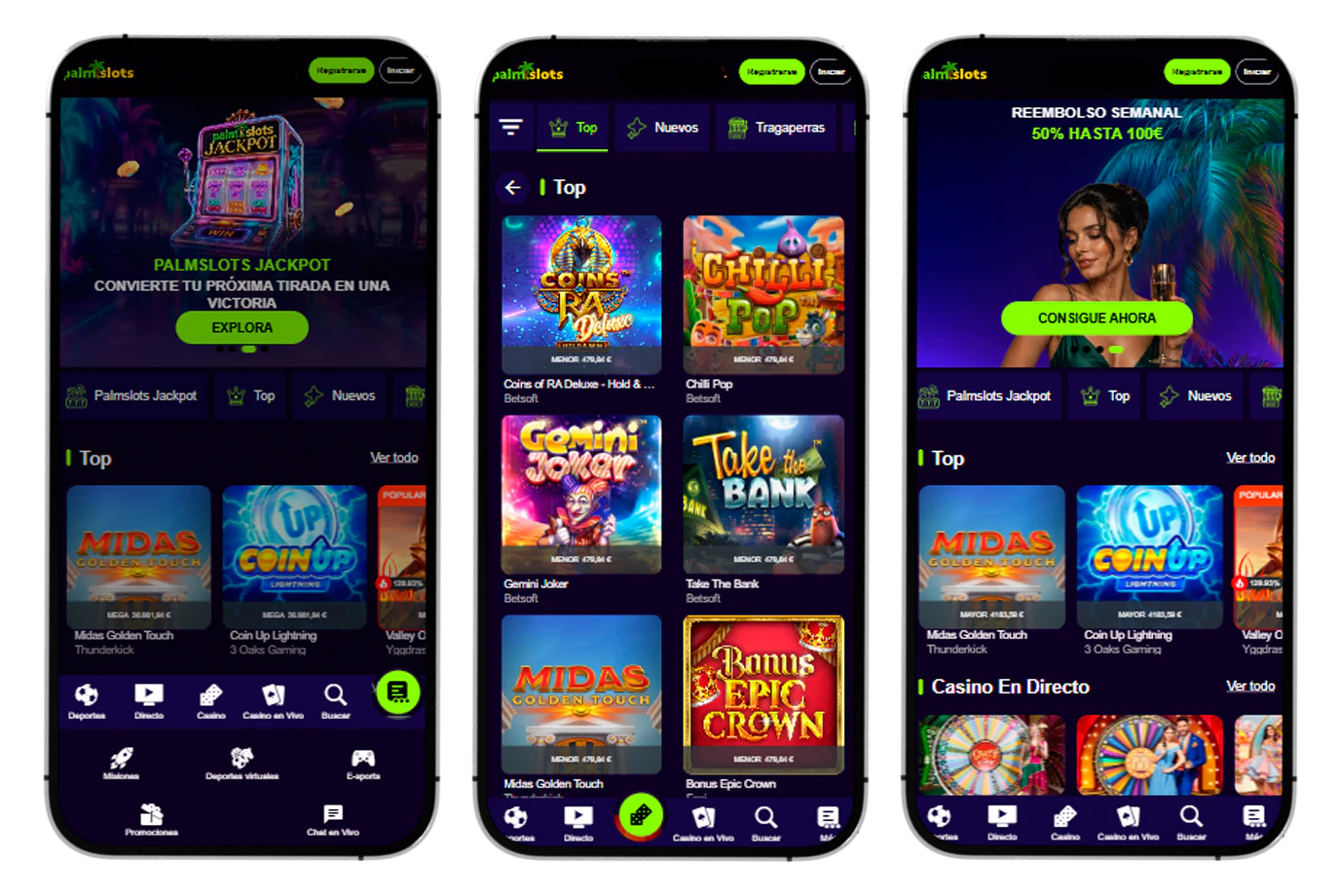 Versión móvil de PalmSlots adaptada para teléfonos y tablets