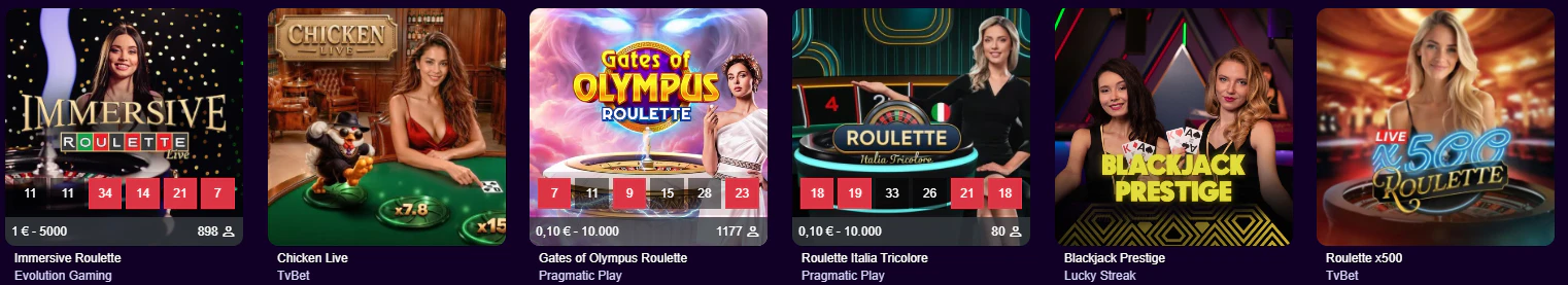 Zona de juegos de casino y mesas en directo dentro de PalmSlots